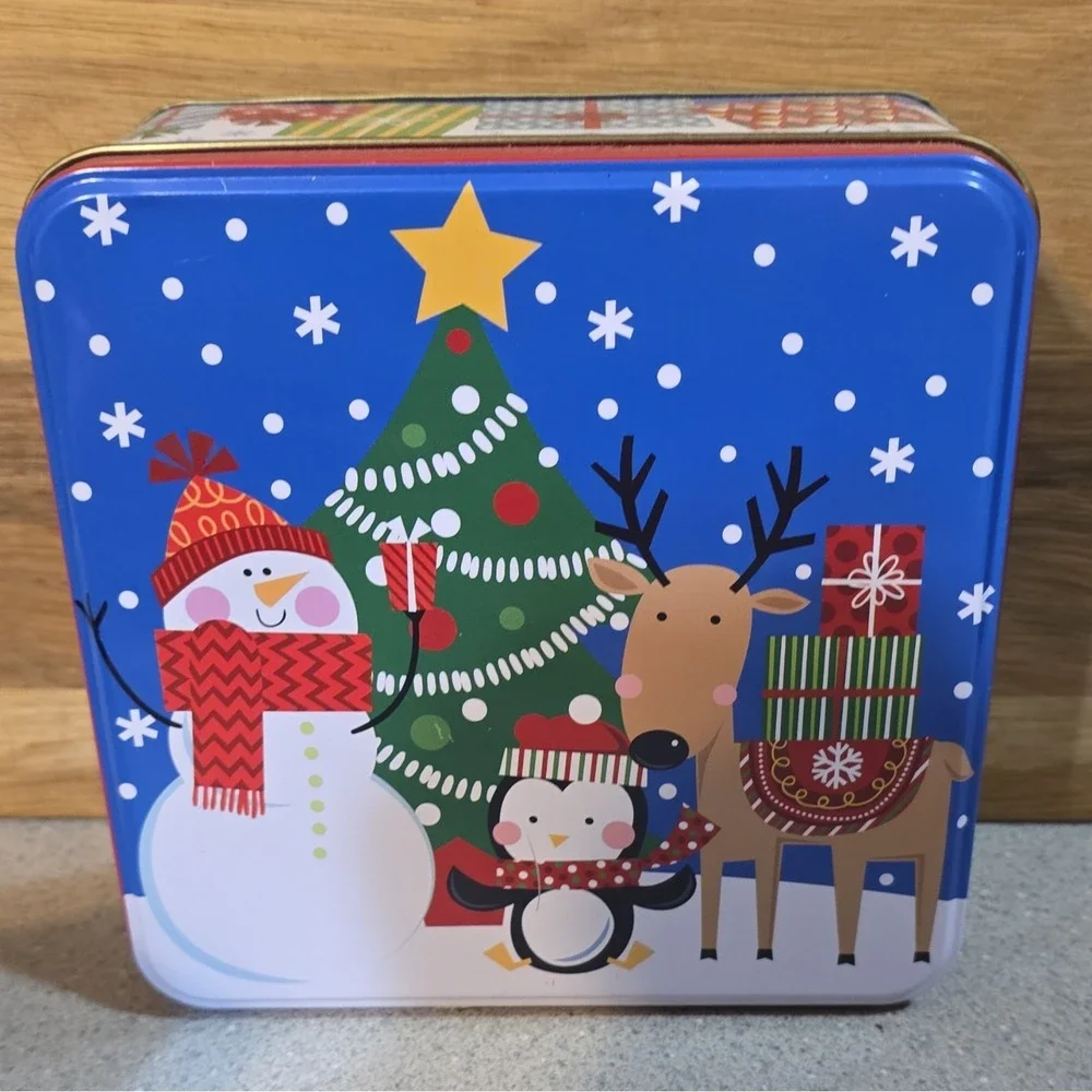 Set of 4 Christmas Snowman Tin Boxes, Rectangle, Square, Bell, Lids Included,